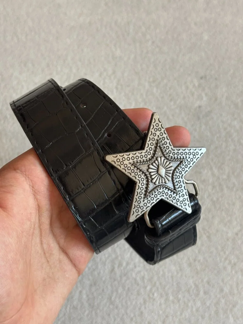 Black Croc Embossed Star Buckle Belt